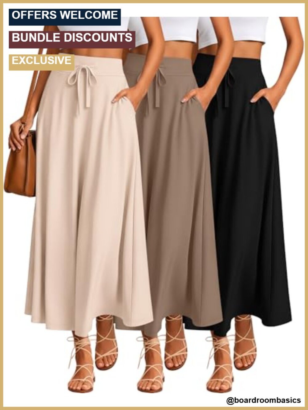3 Pack Women's Maxi Skirts with Pockets - High Waist A-Line Long Skirts